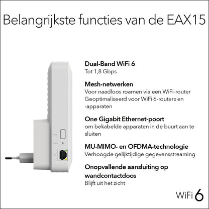 NETGEAR EAX15 | Wi-Fi 6 Mesh Extender | Dual-band | 1800 Mbps | Gigabit Ethernet | Wit - Matmuis - Matmuis