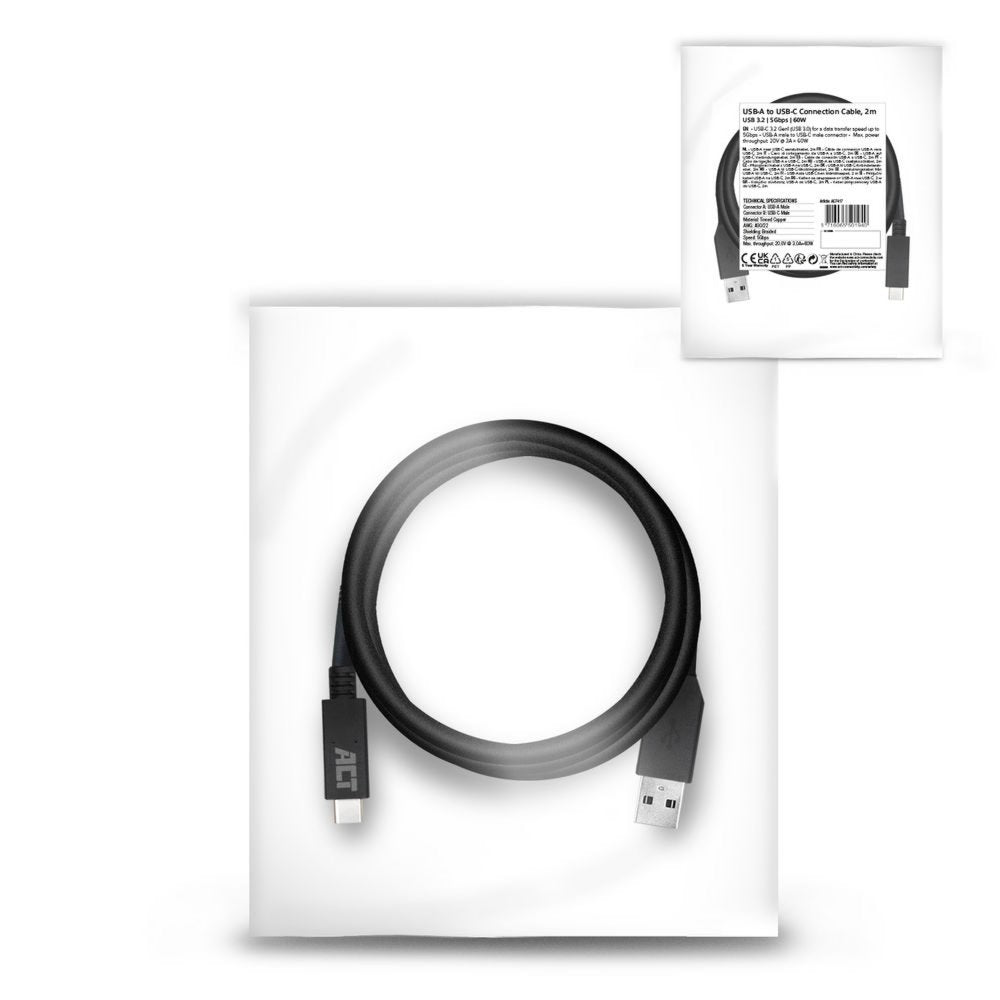 ACT AC7417 | USB 3.2 Gen 1 | USB-C naar USB-A | 2m | Zwart - Matmuis - Matmuis