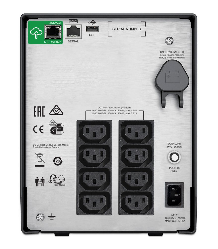 APC Smart-UPS SMC1000IC | 1000 VA / 600 W | Tower UPS | 8x IEC C13 Stopcontacten | Pure Sine Wave | AVR Spanningsregeling | LCD-scherm | SmartConnect