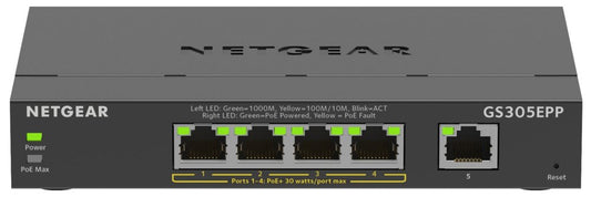 GS305EPP-100PES | 5-poorts Gigabit Smart Managed Plus PoE+ Switch | 120W PoE-vermogen | VLAN/QoS | Webbeheer - Matmuis