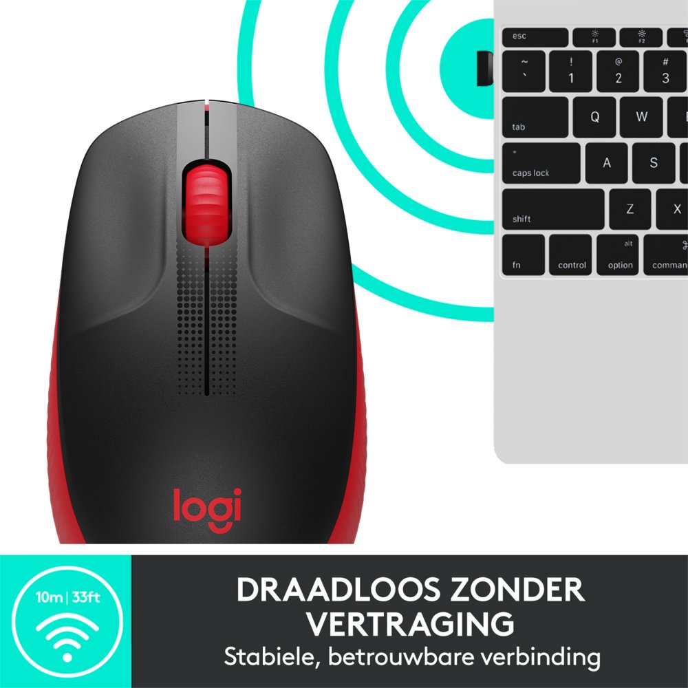 Logitech M190 | Draadloze Muis | Links- en Rechtshandig | RF | 1000 DPI | Zwart/Rood - Matmuis - Matmuis