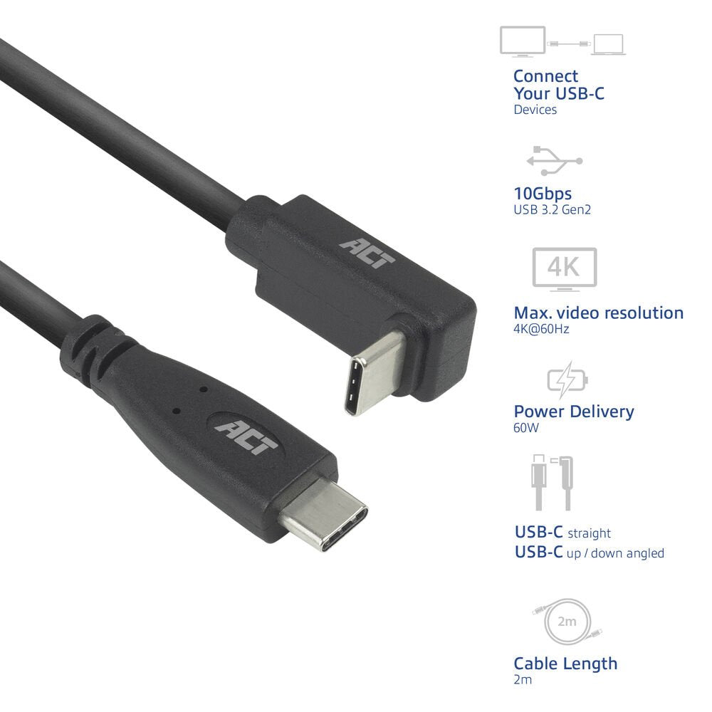 ACT AC7472 | USB 3.2 Gen 2 Kabel | USB-C (recht) naar USB-C (haaks boven/beneden) | 60W | 10Gbps | 2m | Zwart - Matmuis - Matmuis
