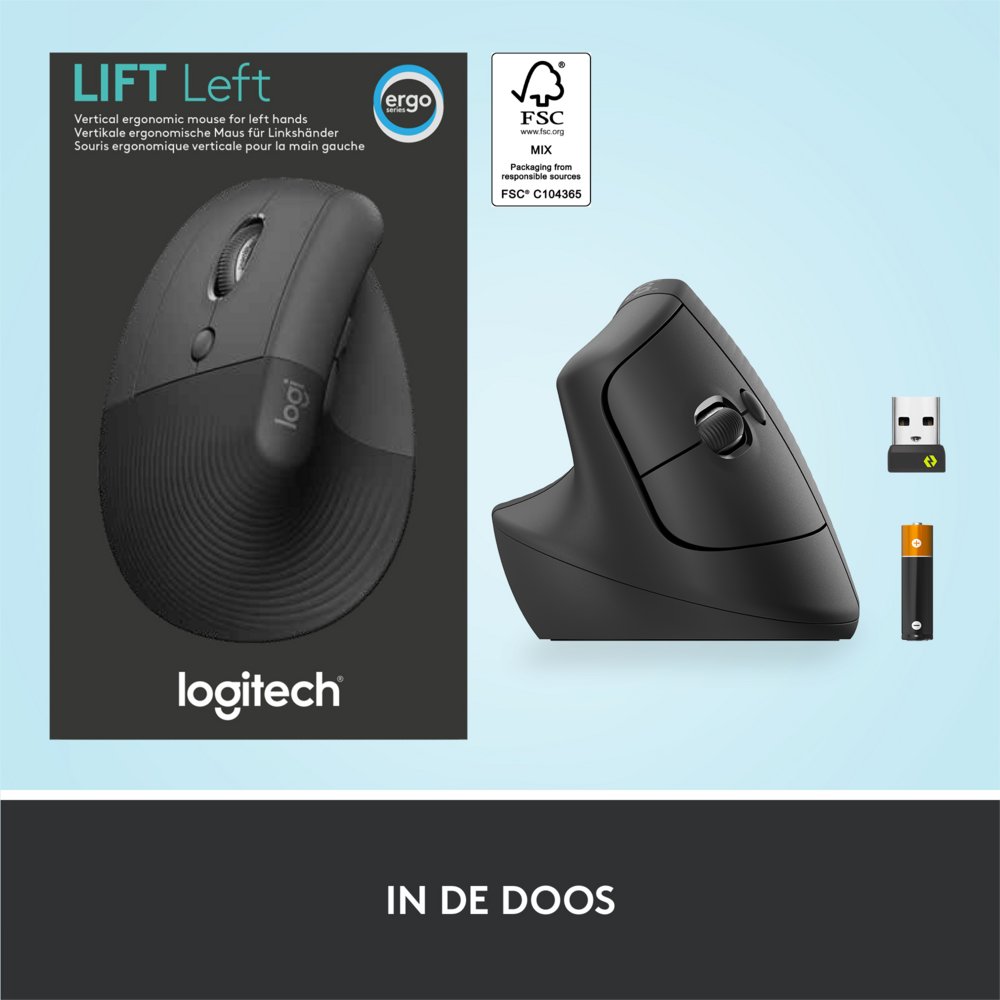 Logitech Lift | Ergonomische Draadloze Muis | Linkshandig | RF + Bluetooth | 4000 DPI | Grafiet - Matmuis - Matmuis