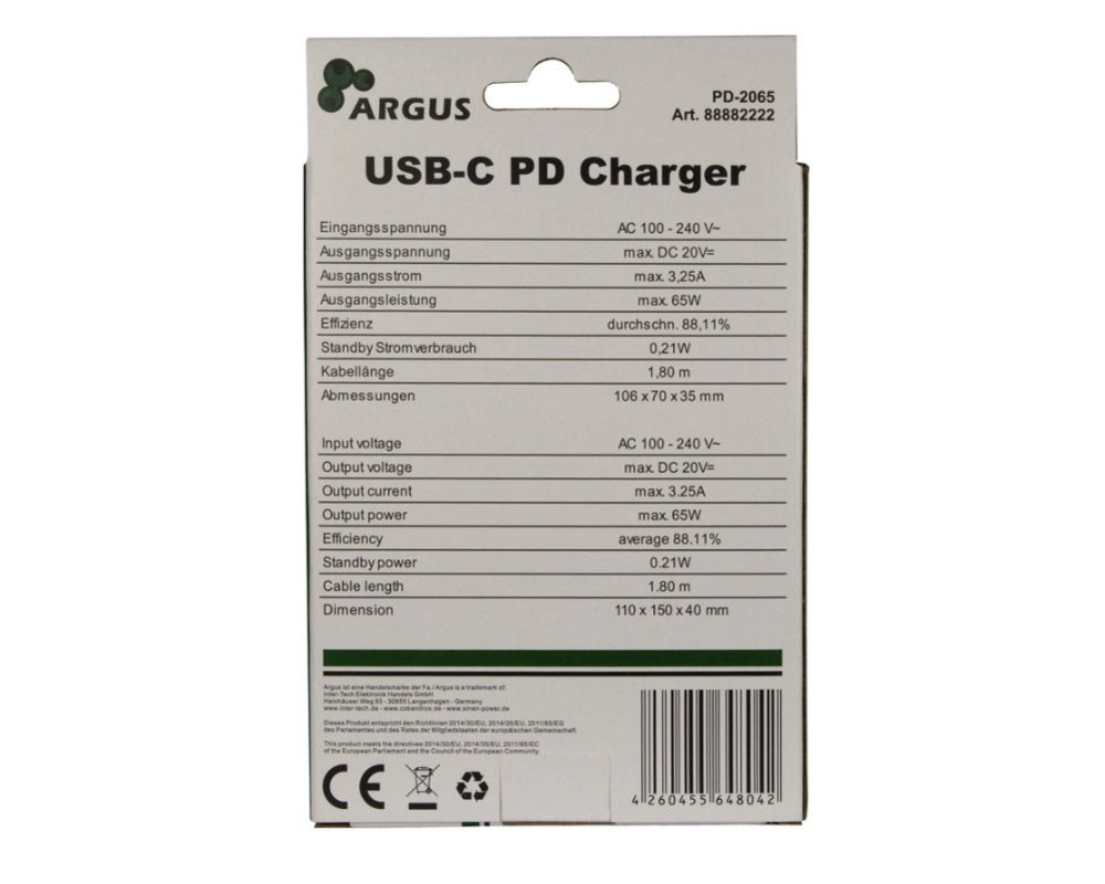 Inter-Tech Argus PD-2065 | Universele USB-C Oplader 65W | Zwart | Met Geïntegreerde Kabel