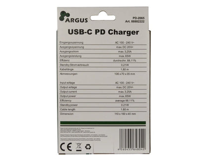 Inter-Tech Argus PD-2065 | Universele USB-C Oplader 65W | Zwart | Met Geïntegreerde Kabel