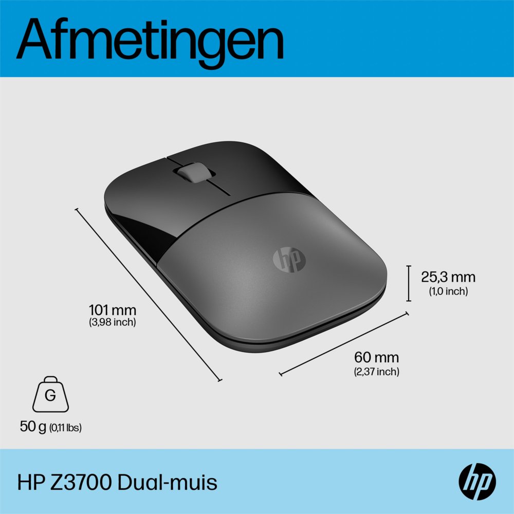 HP Z3700 Dual | Draadloze Muis | Links- en Rechtshandig | RF + Bluetooth | Zwart/Zilver - Matmuis - Matmuis