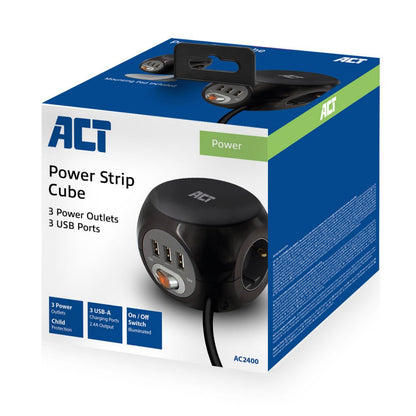 ACT AC2400 | Stekkerdoos | 3 Stopcontacten | Zwart - Matmuis - Matmuis