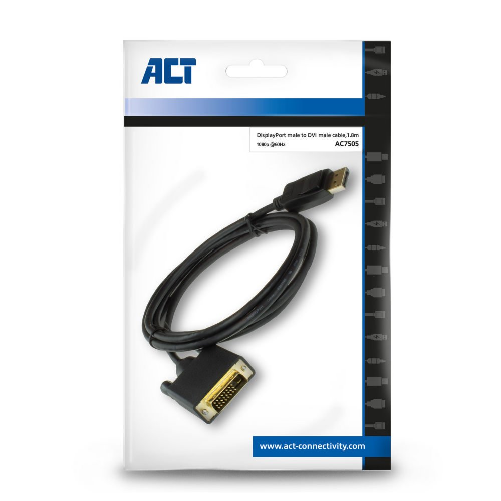 ACT AC7505 | DisplayPort naar DVI Kabel | 1,8 m | M/M - Matmuis - Matmuis