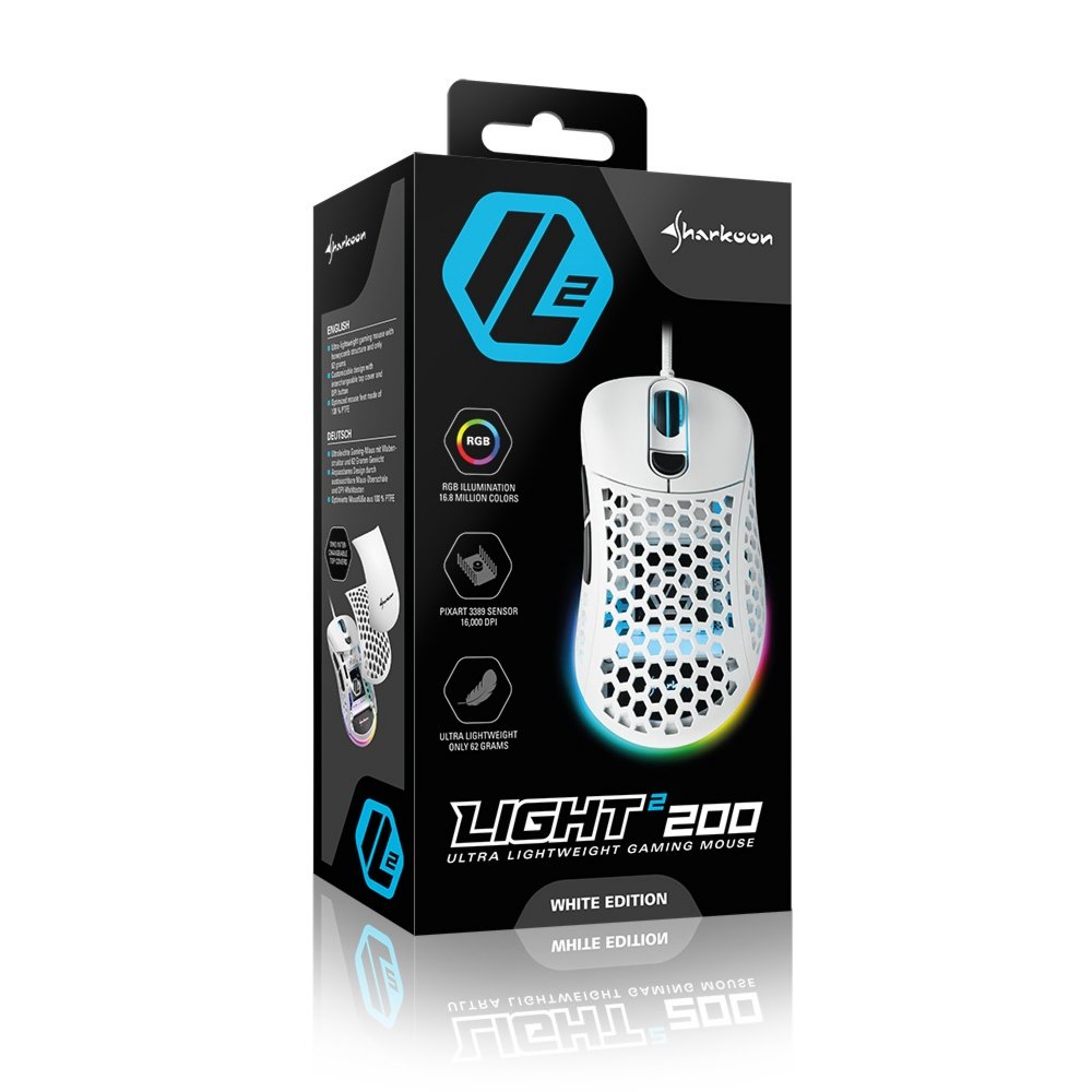 Sharkoon Light² 200 | Bekabelde Gaming Muis | Links- en Rechtshandig | USB-A | 16000 DPI | Wit - Matmuis - Matmuis