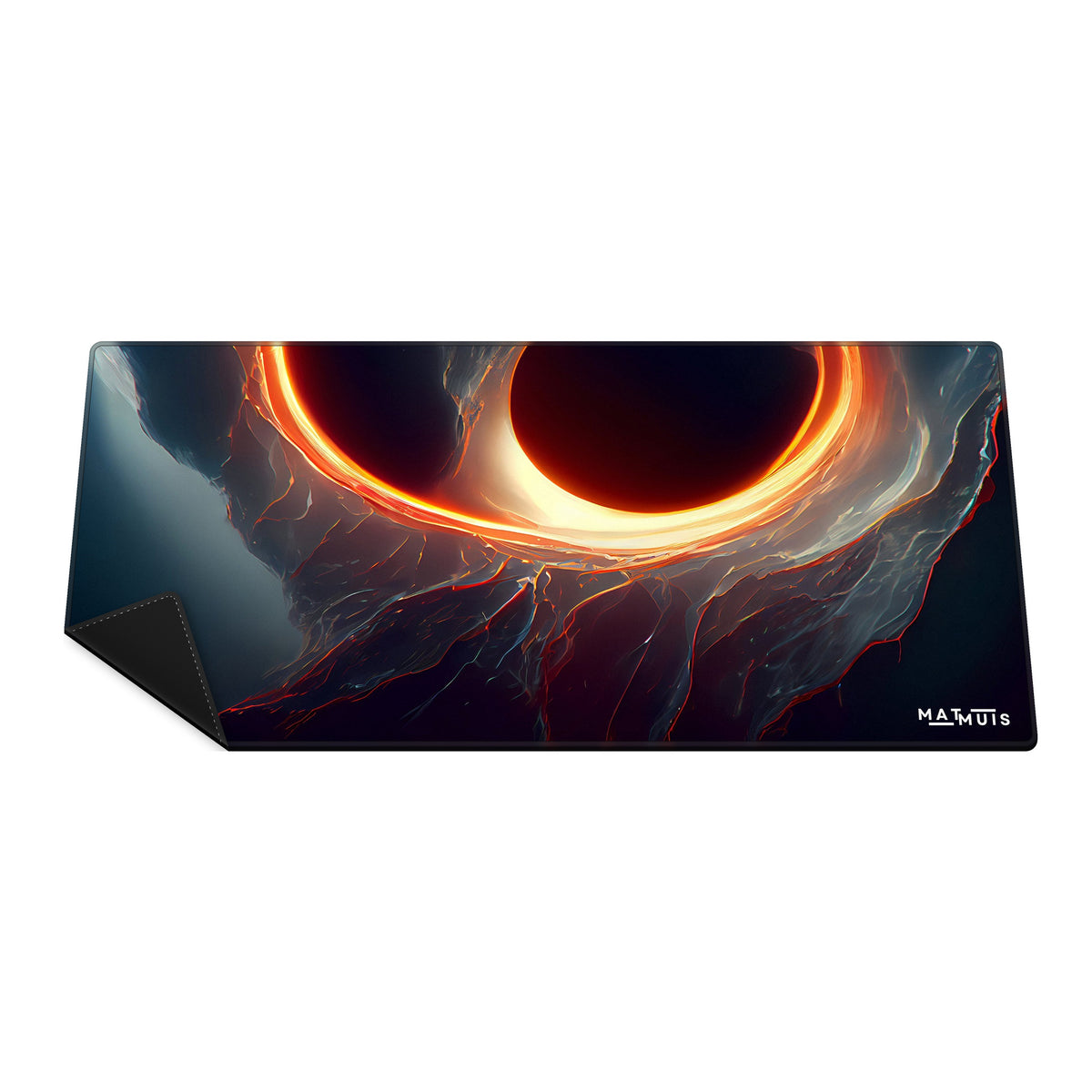 XXL muismat Space Planet Black Hole met gestikte rand en omgeslagen hoek met rubber onderkant