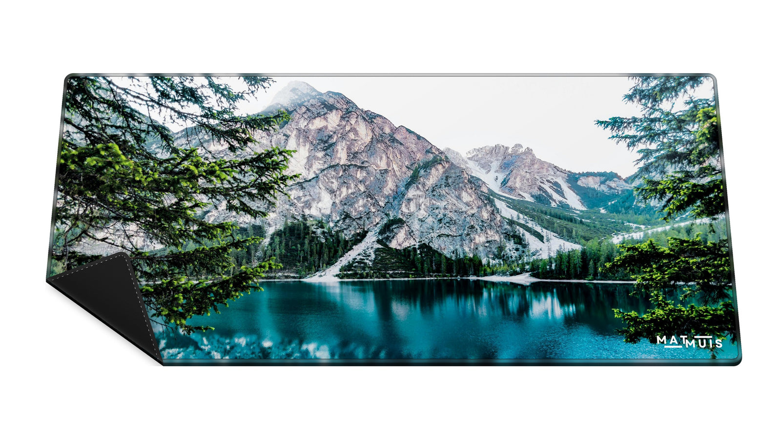 XXL muismat Nature Alpine Lake met gestikte rand en omgeslagen hoek met rubber onderkant