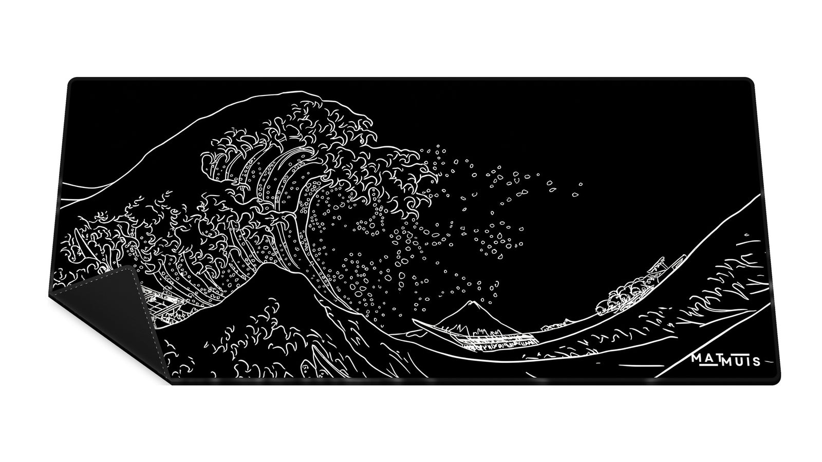 XXL muismat Wave Trace Black met gestikte rand en omgeslagen hoek met rubber onderkant
