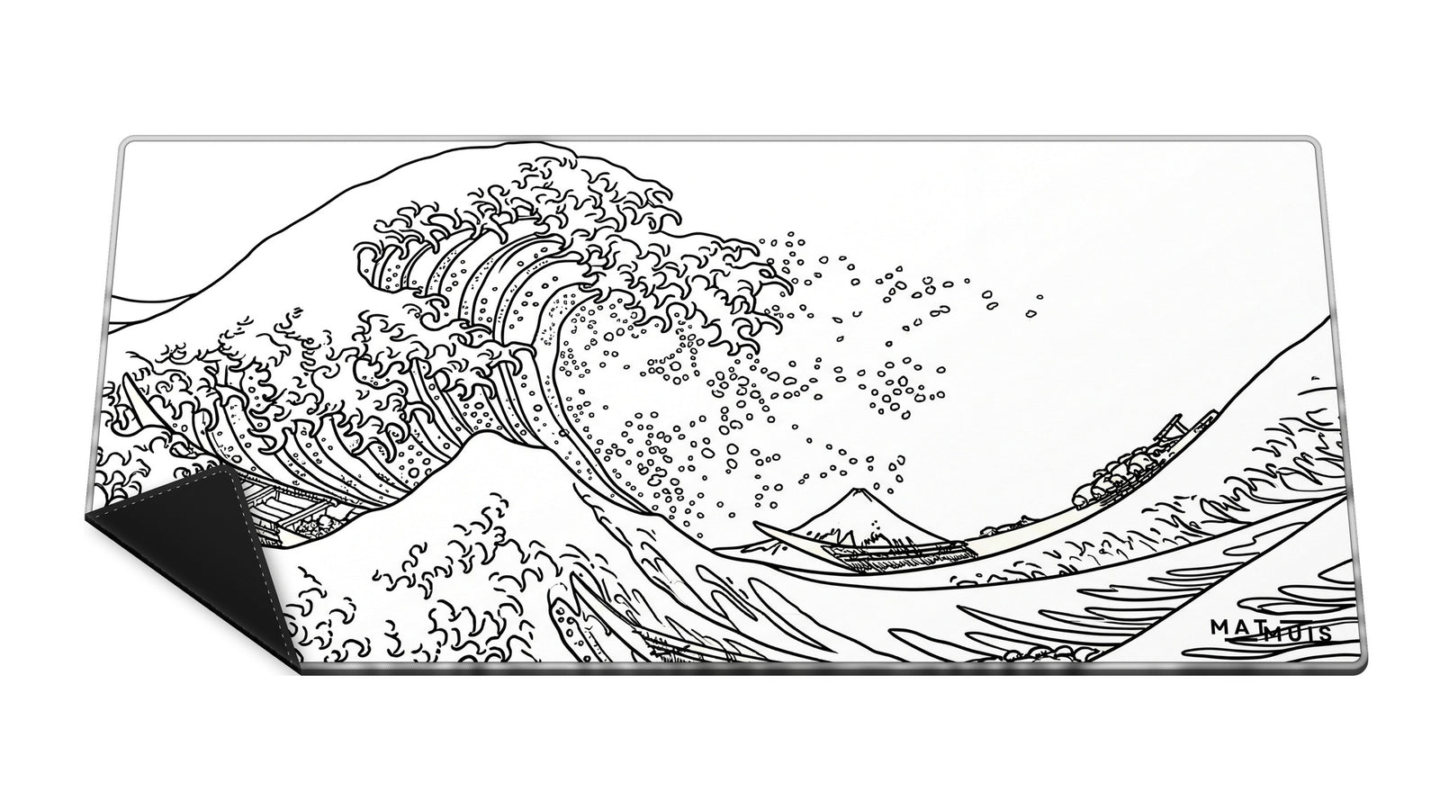 XXL muismat Wave Trace White met gestikte rand en omgeslagen hoek met rubber onderkant