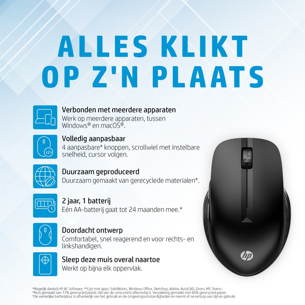 HP 430 | Multi-Device Draadloze Muis | Links- en Rechtshandig | RF + Bluetooth | 1200 DPI | Zwart - Matmuis - Matmuis