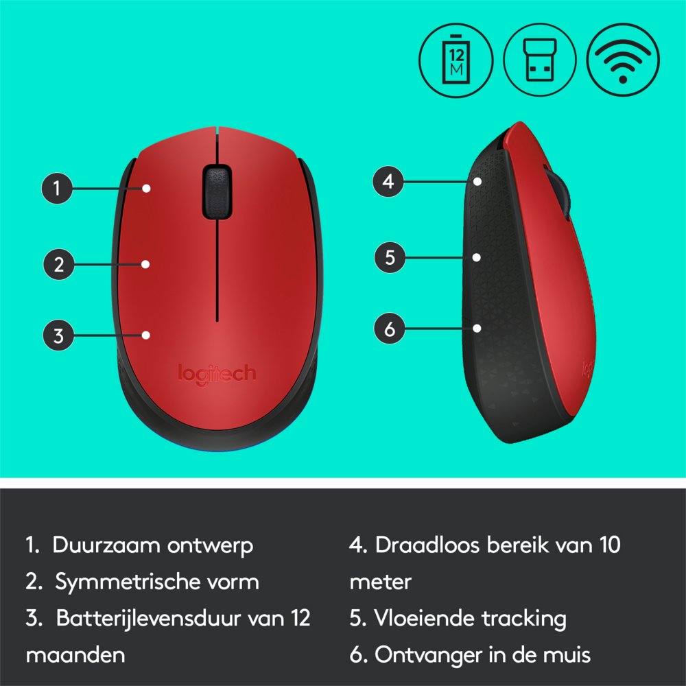 Logitech M171 | Draadloze Muis | Links- en Rechtshandig | RF | 1000 DPI | Rood/Zwart - Matmuis - Matmuis