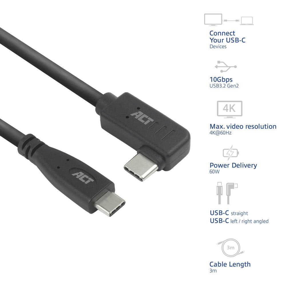 ACT AC7408 | USB 3.2 Gen 2 Kabel | USB-C (recht) naar USB-C (haaks links/rechts) | 60W | 10Gbps | 3m | Zwart - Matmuis - Matmuis