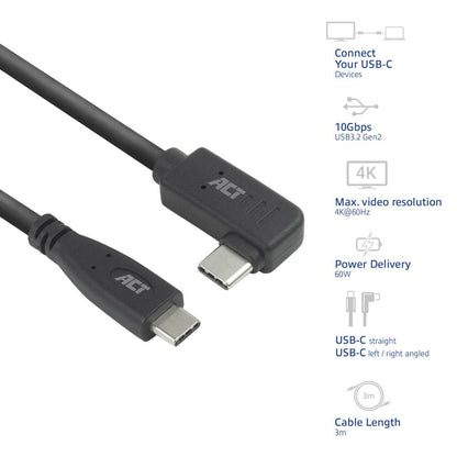 ACT AC7408 | USB 3.2 Gen 2 Kabel | USB-C (recht) naar USB-C (haaks links/rechts) | 60W | 10Gbps | 3m | Zwart - Matmuis - Matmuis