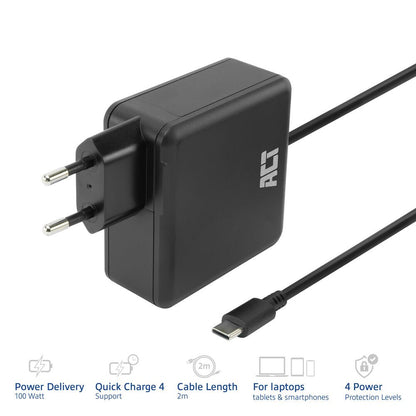 ACT AC2015 | 100W USB-C Laptoplader | Power Delivery | Vaste 2 Meter USB-C Kabel