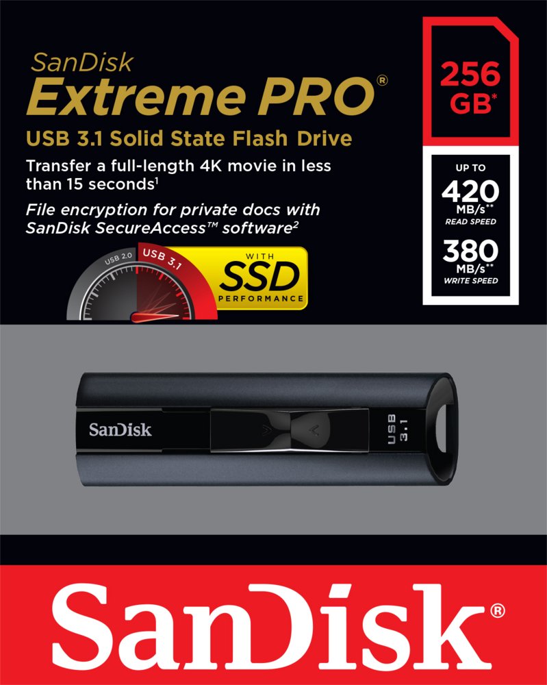 SanDisk Extreme Pro | 256GB USB-A 3.2 Flash Drive | Zwart - Matmuis