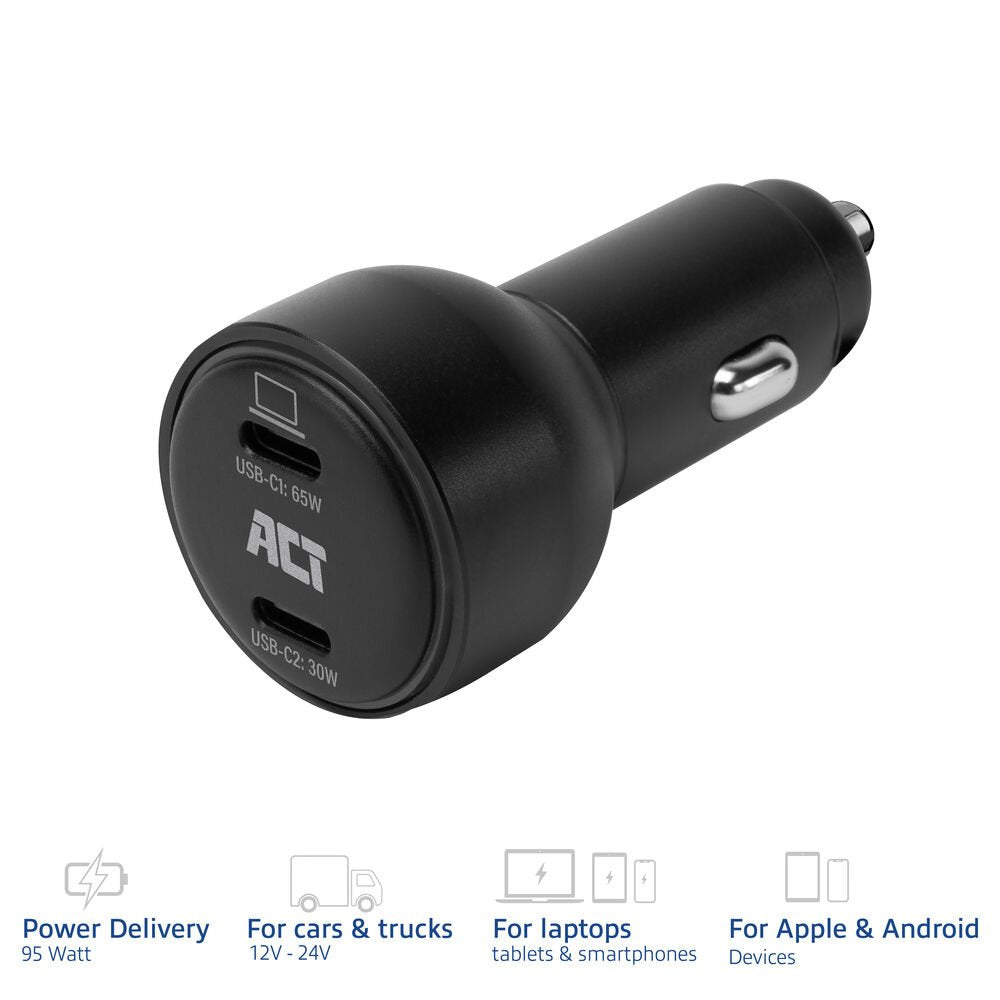 ACT AC2210 | 2 Poorts USB-C Autolader 95W | Power Delivery PPS & Quick Charge 5 | GaNFast
