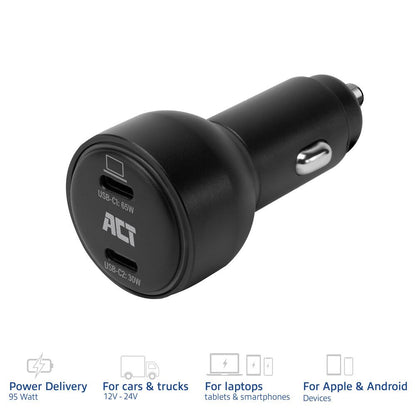 ACT AC2210 | 2 Poorts USB-C Autolader 95W | Power Delivery PPS & Quick Charge 5 | GaNFast