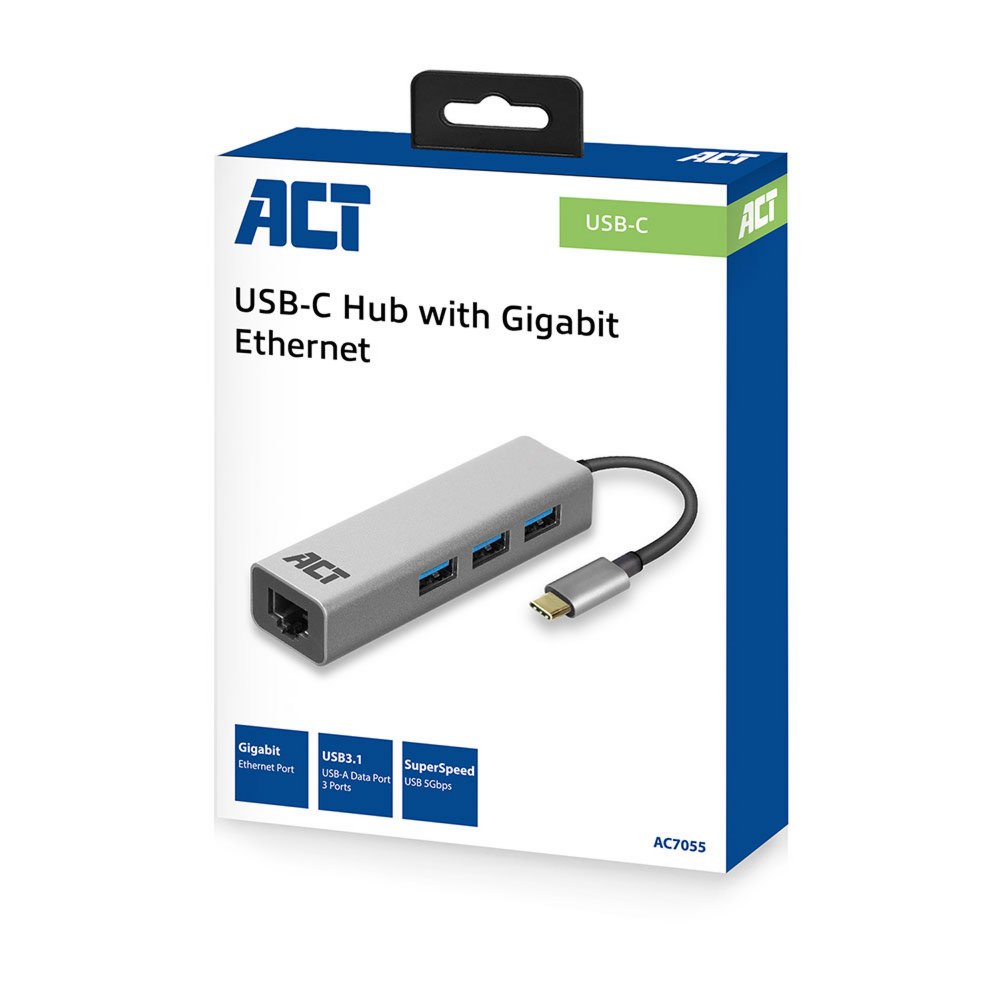 ACT AC7055 | 3-Poorts USB-C 3.2 (USB 3.0) Hub | Gigabit Ethernet Poort - Matmuis - Matmuis