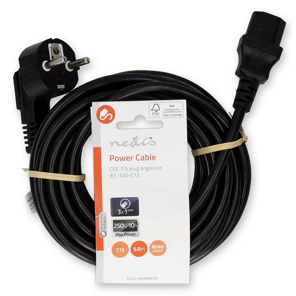 Nedis CEGL10000BK50 | 5 m Stroomkabel | CEE 7/7 Male (Haaks) naar IEC C13 | Zwart - Matmuis - Matmuis