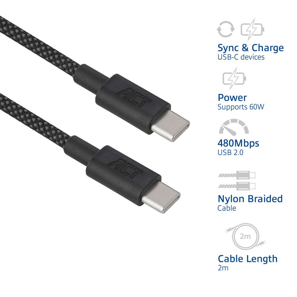 ACT AC3083 | USB 2.0 Kabel | USB-C naar USB-C | 60W | 480Mbps | Zwart | 2 Meter - Matmuis - Matmuis