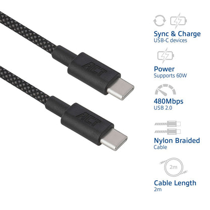 ACT AC3083 | USB 2.0 Kabel | USB-C naar USB-C | 60W | 480Mbps | Zwart | 2 Meter - Matmuis - Matmuis