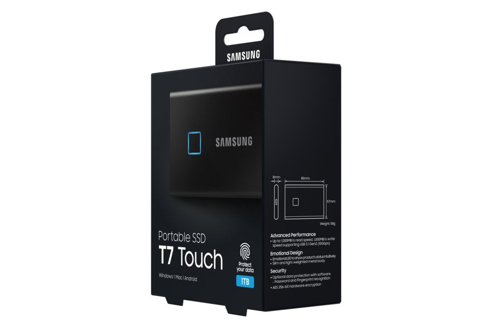 Samsung T7 Touch | Externe SSD | 1TB | USB 3.2 Gen2 | 1050 MB/s | Wachtwoordbeveiliging | Zwart | Compact en Veilig
