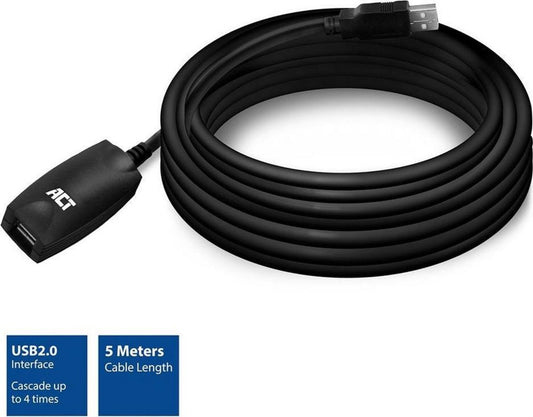 ACT AC6005 | USB 2.0 Signaalversterker | USB-A naar USB-A | 5m | Zwart - Matmuis - Matmuis