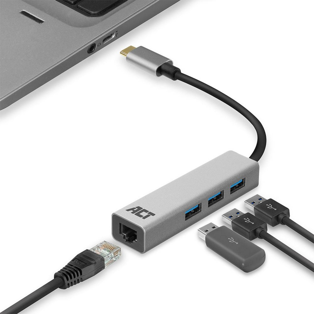 ACT AC7055 | 3-Poorts USB-C 3.2 (USB 3.0) Hub | Gigabit Ethernet Poort - Matmuis - Matmuis