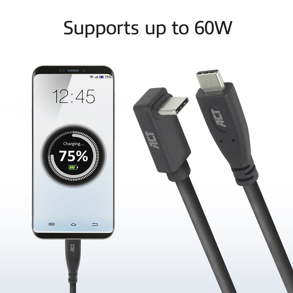 ACT AC7471 | USB 3.2 Gen 2 Kabel | USB-C (recht) naar USB-C (haaks boven/beneden) | 60W | 10Gbps | 1m | Zwart - Matmuis - Matmuis