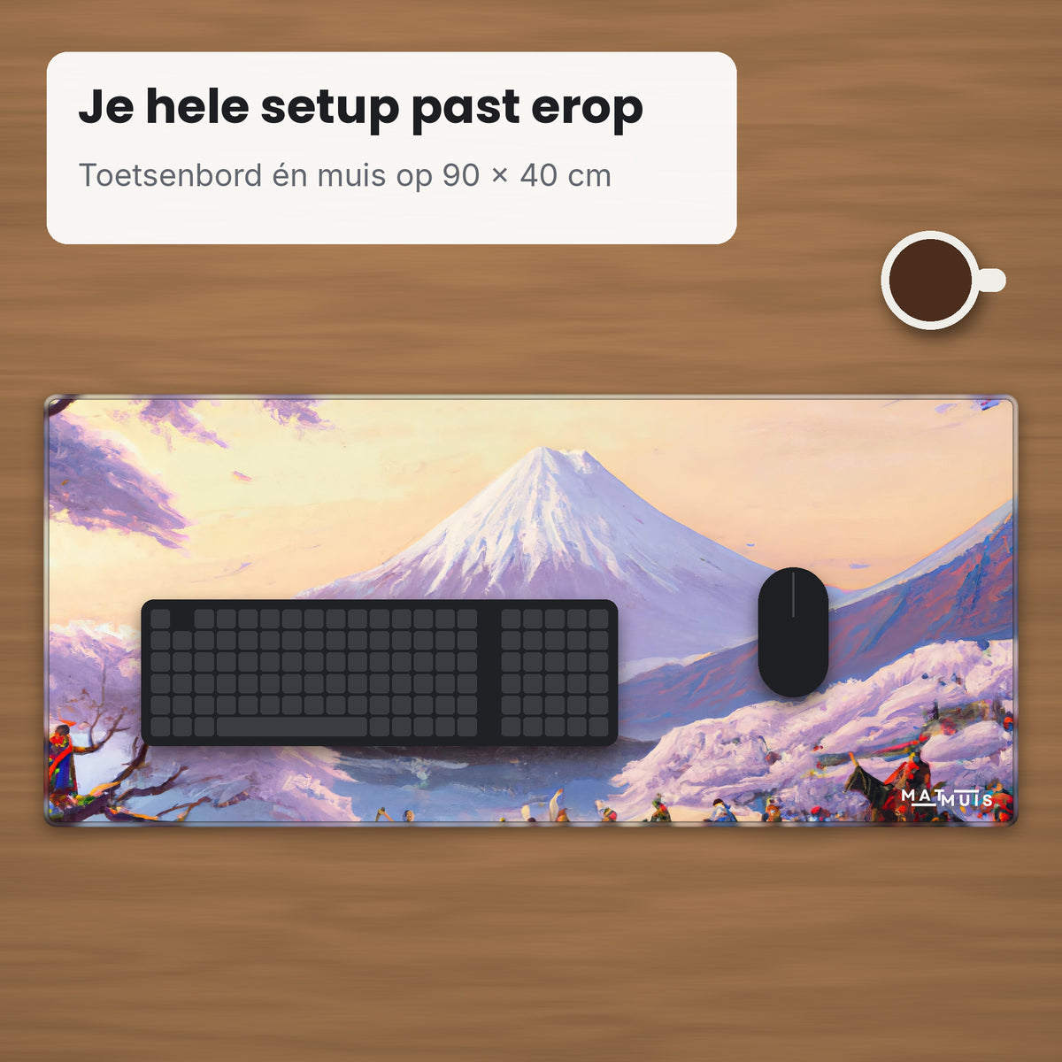 XXL muismat Cherry Blossom Warriors op bureau met toetsenbord en muis