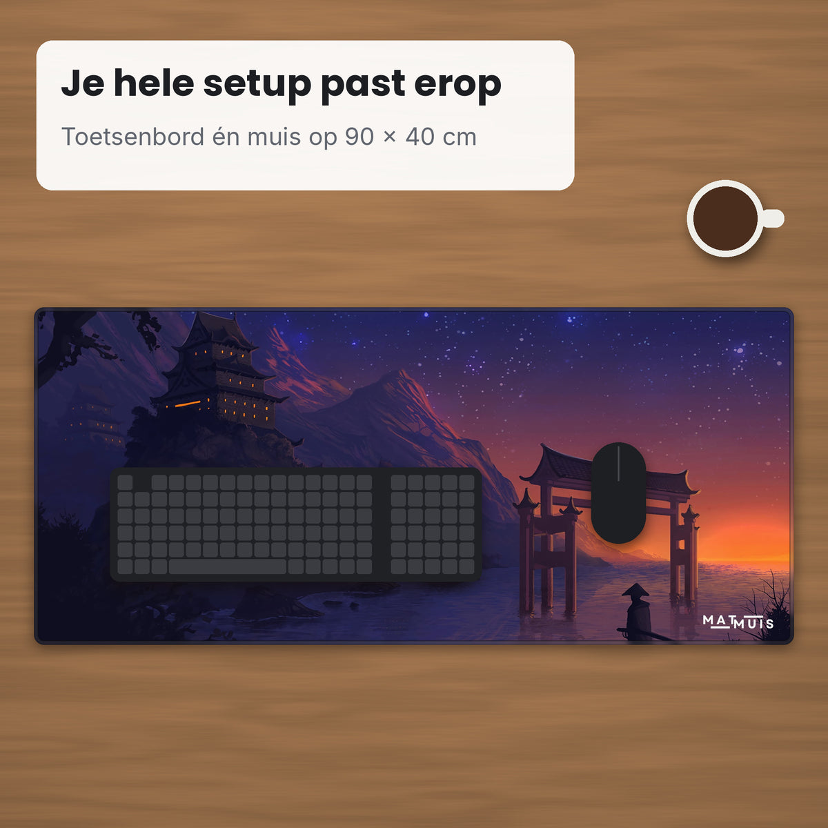XXL muismat Cherry Blossom Samurai op bureau met toetsenbord en muis