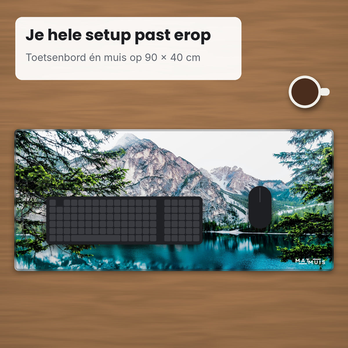 XXL muismat Nature Alpine Lake op bureau met toetsenbord en muis