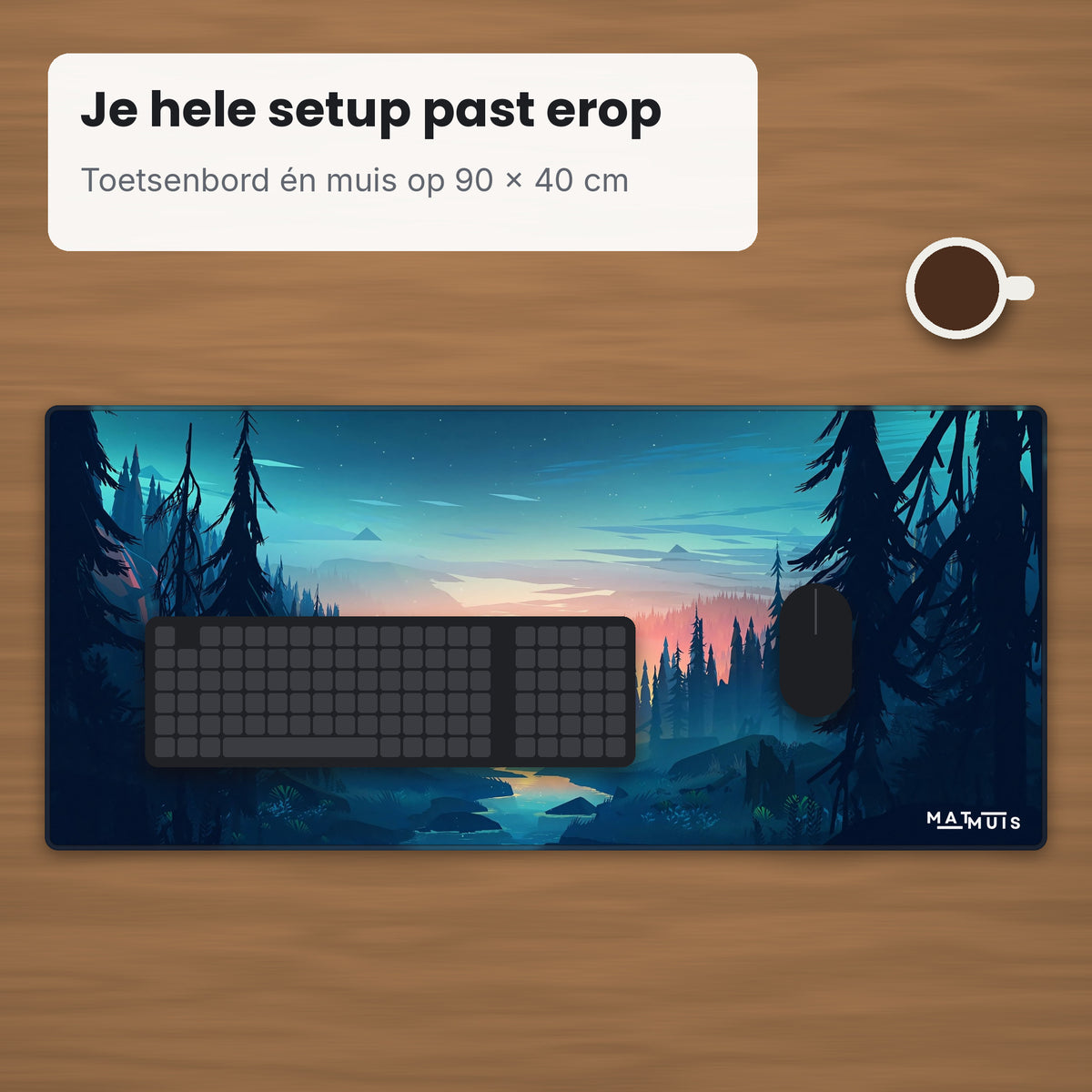 XXL muismat Night Forest River op bureau met toetsenbord en muis