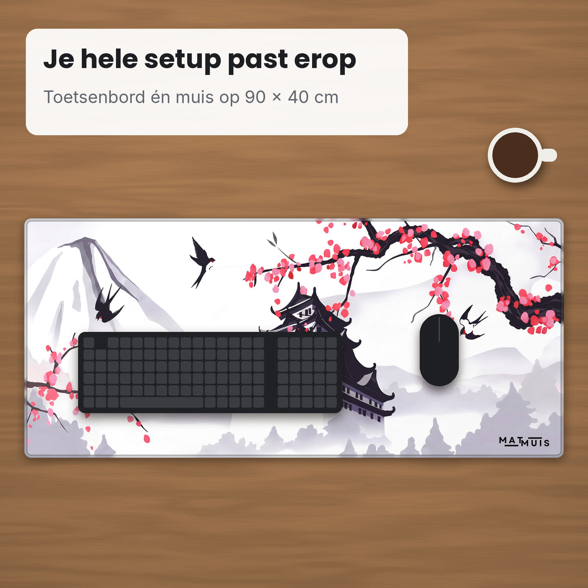 XXL muismat Cherry Blossom Temple op bureau met toetsenbord en muis