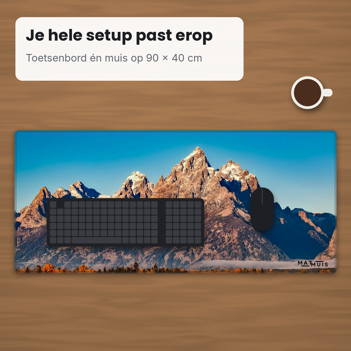XXL muismat Nature Mountain Valley op bureau met toetsenbord en muis