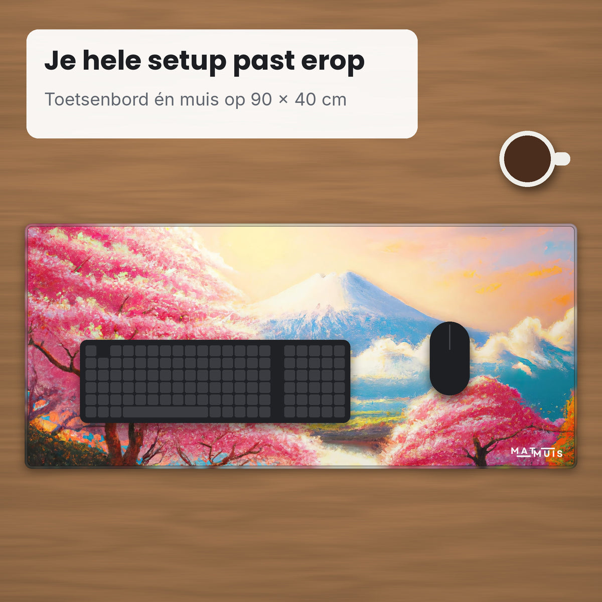 XXL muismat Cherry Blossom Lake op bureau met toetsenbord en muis