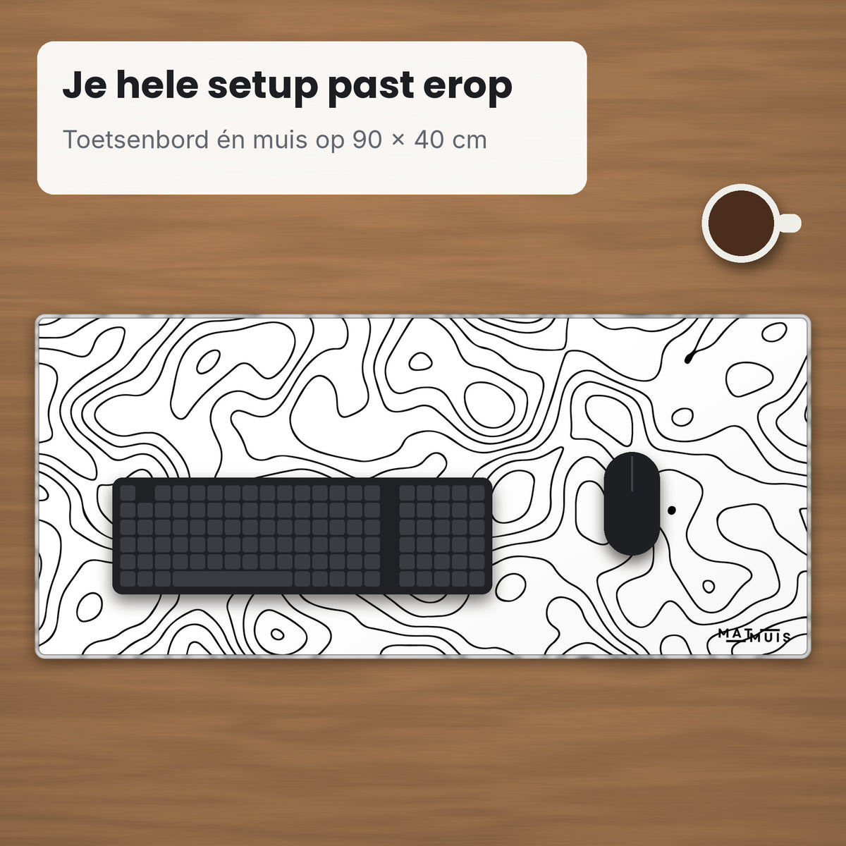 XXL muismat Topo Vector White op bureau met toetsenbord en muis