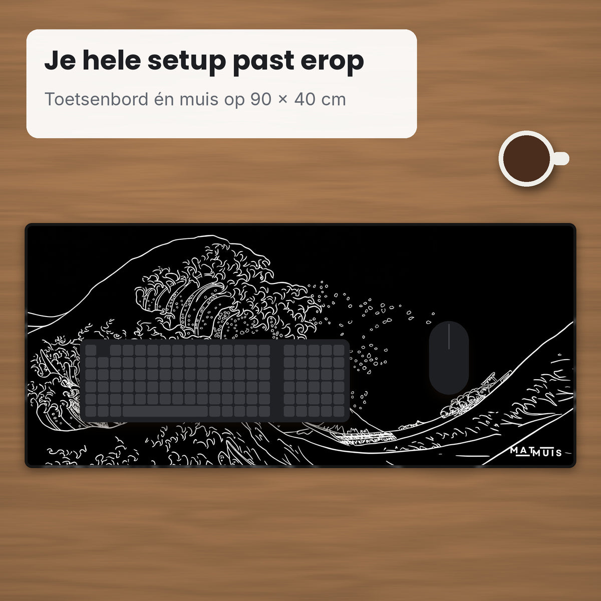 XXL muismat Wave Trace Black op bureau met toetsenbord en muis
