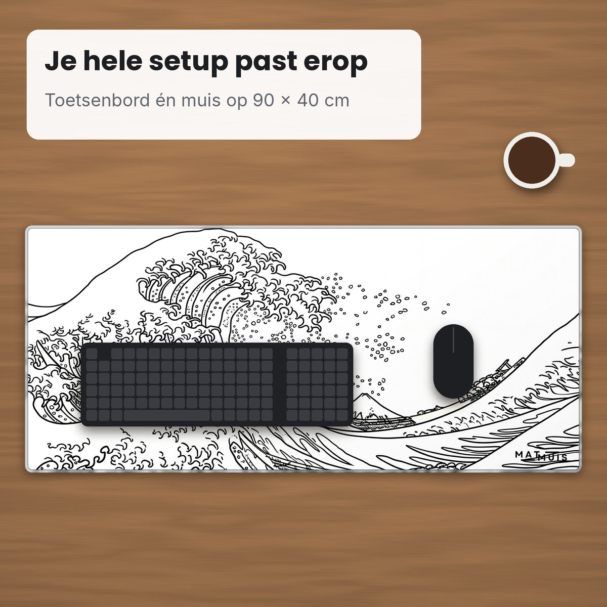 XXL muismat Wave Trace White op bureau met toetsenbord en muis