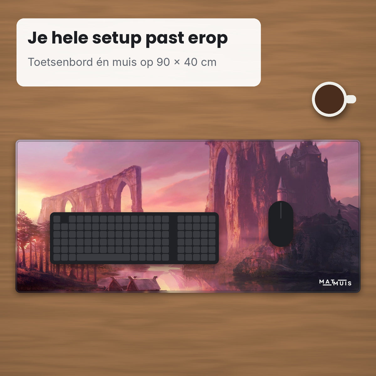 XXL muismat Mystic Fantasy Adore op bureau met toetsenbord en muis