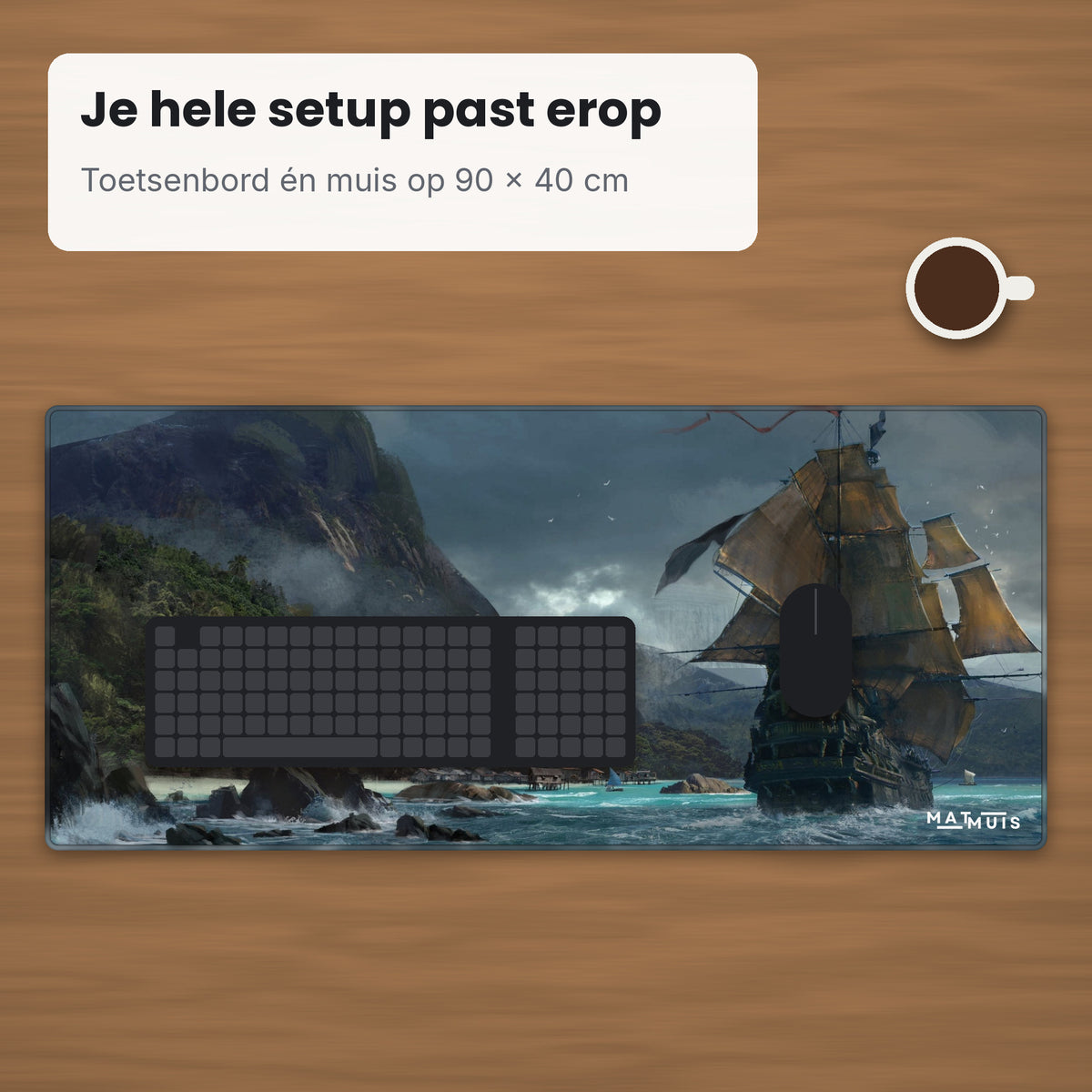 XXL muismat Mystic Fantasy Sea Voyage op bureau met toetsenbord en muis