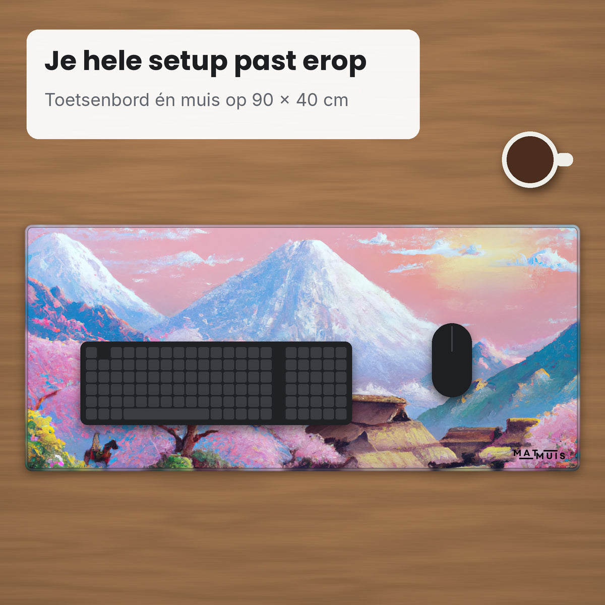 XXL muismat Cherry Blossom Minka op bureau met toetsenbord en muis