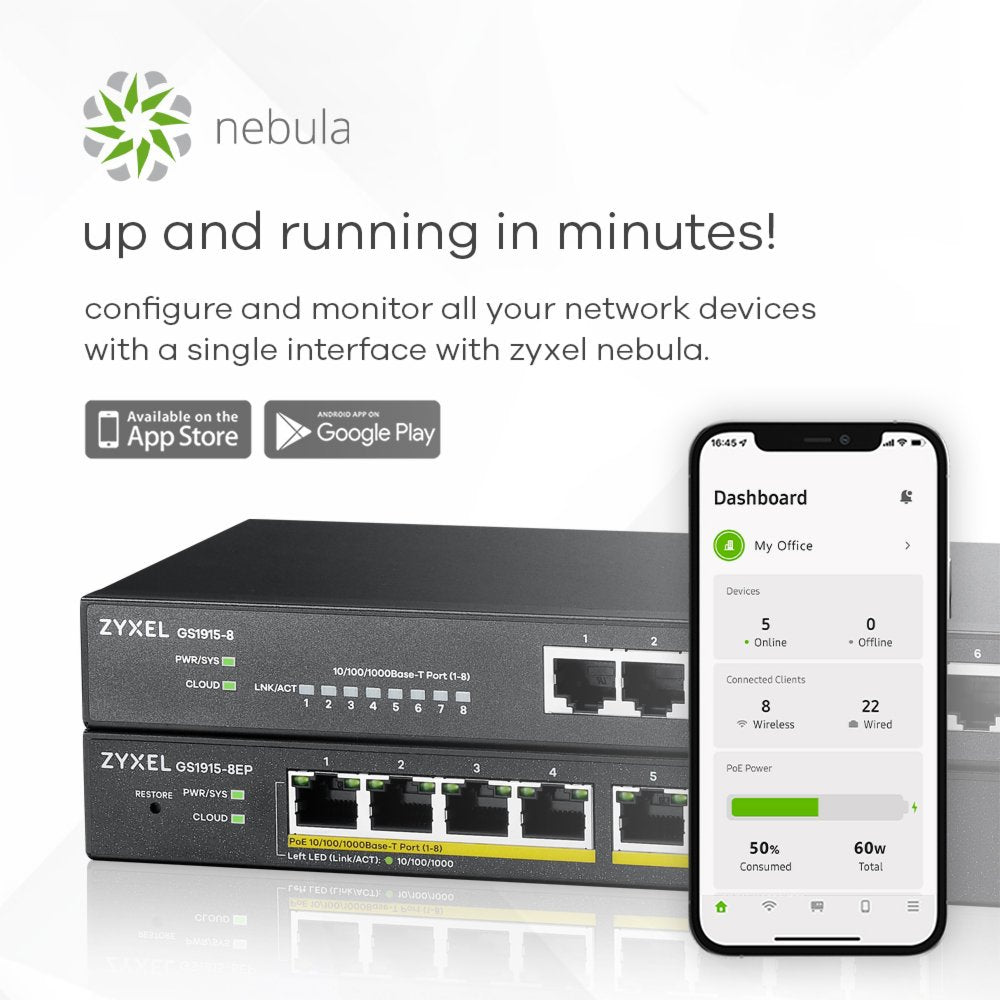 Zyxel GS1915-8EP Managed L2 Gigabit PoE+ Switch | 8 Poorten | NebulaFlex | Zwart - Matmuis