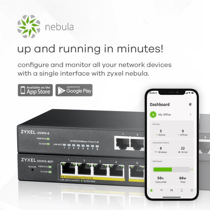 Zyxel GS1915-8EP Managed L2 Gigabit PoE+ Switch | 8 Poorten | NebulaFlex | Zwart - Matmuis
