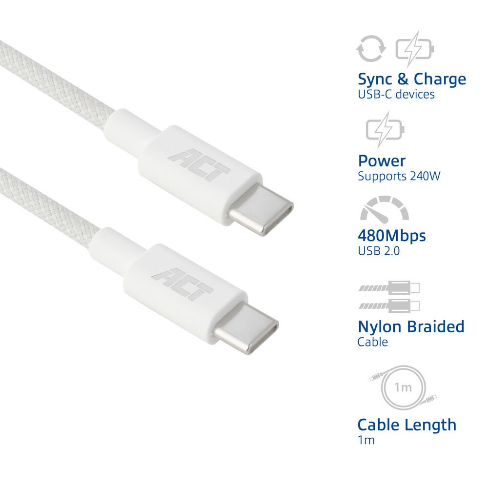 ACT AC3084 | USB 2.0 Kabel | USB-C naar USB-C | 240W | 480Mbps | Wit | 1 Meter - Matmuis - Matmuis