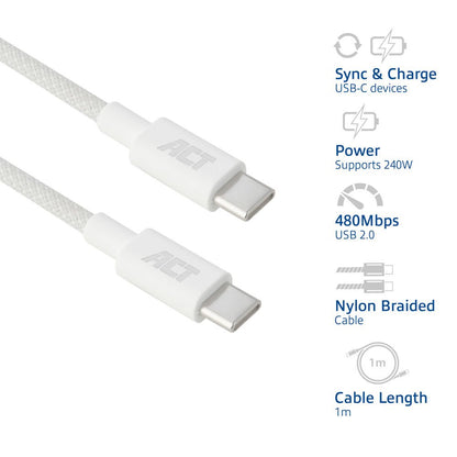 ACT AC3084 | USB 2.0 Kabel | USB-C naar USB-C | 240W | 480Mbps | Wit | 1 Meter - Matmuis - Matmuis